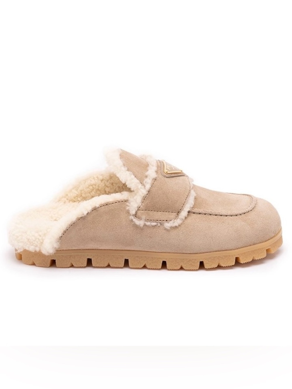 PRADA sued and shearling mules flats